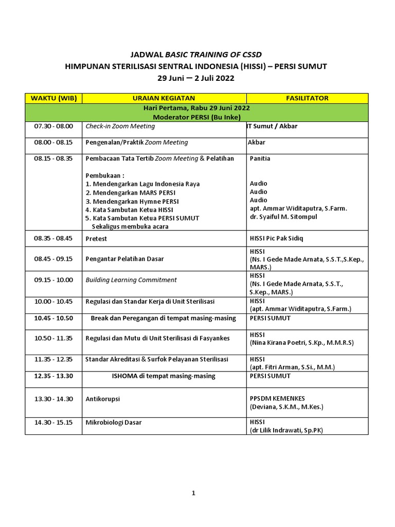 Jadwal Pelatihan CSSD HISSI 2022 | PDF