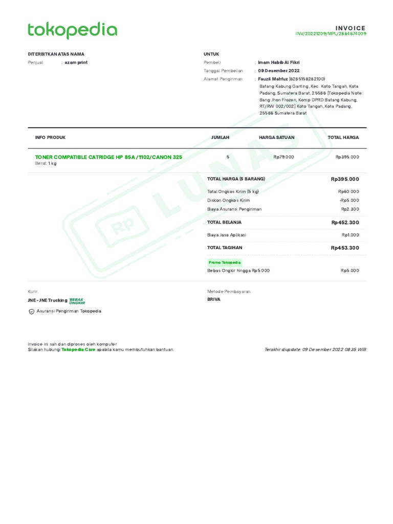 Invoice Toner 85A PDF