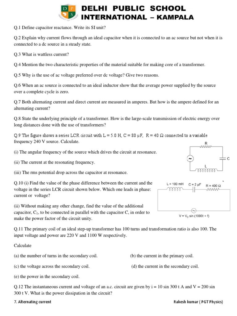 Class 12 AC Mains Questions PDF Inductor Capacitor