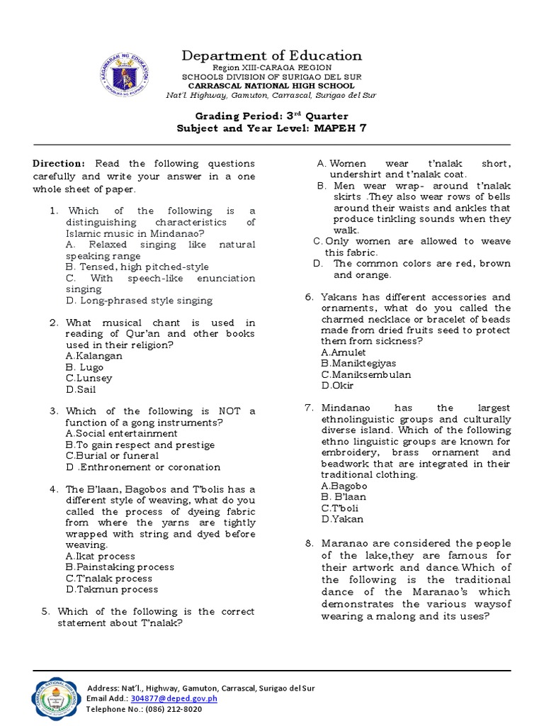 Solo Exam Questions for MAPEH 7 | PDF | Physical Fitness | Dances