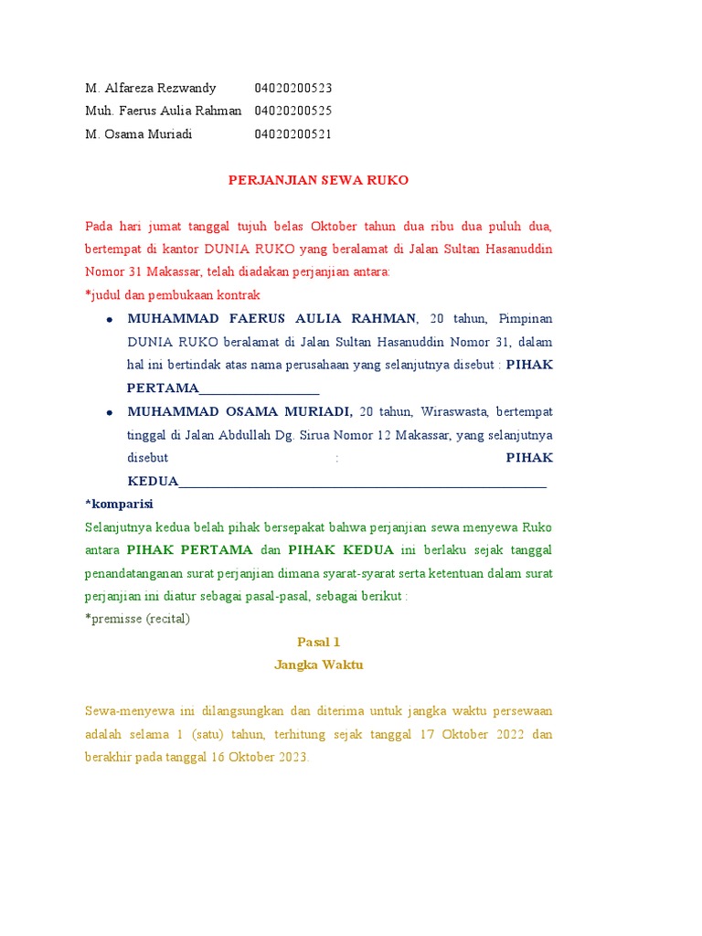 Perjanjian Sewa Ruko Makassar | PDF