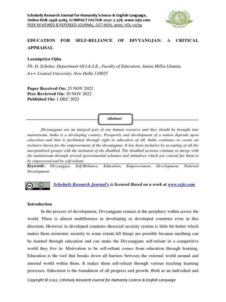 Education For SelfReliance of Divyangjan A Critical Appraisal PDF
