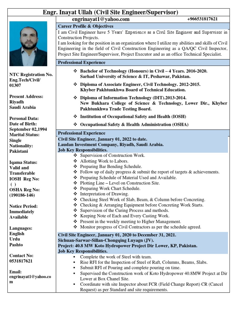 Civil Site Engineer Profile - Inayat Ullah | PDF | Engineer | Khyber ...