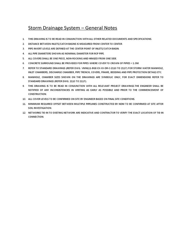 Storm Drainage System General Notes PDF
