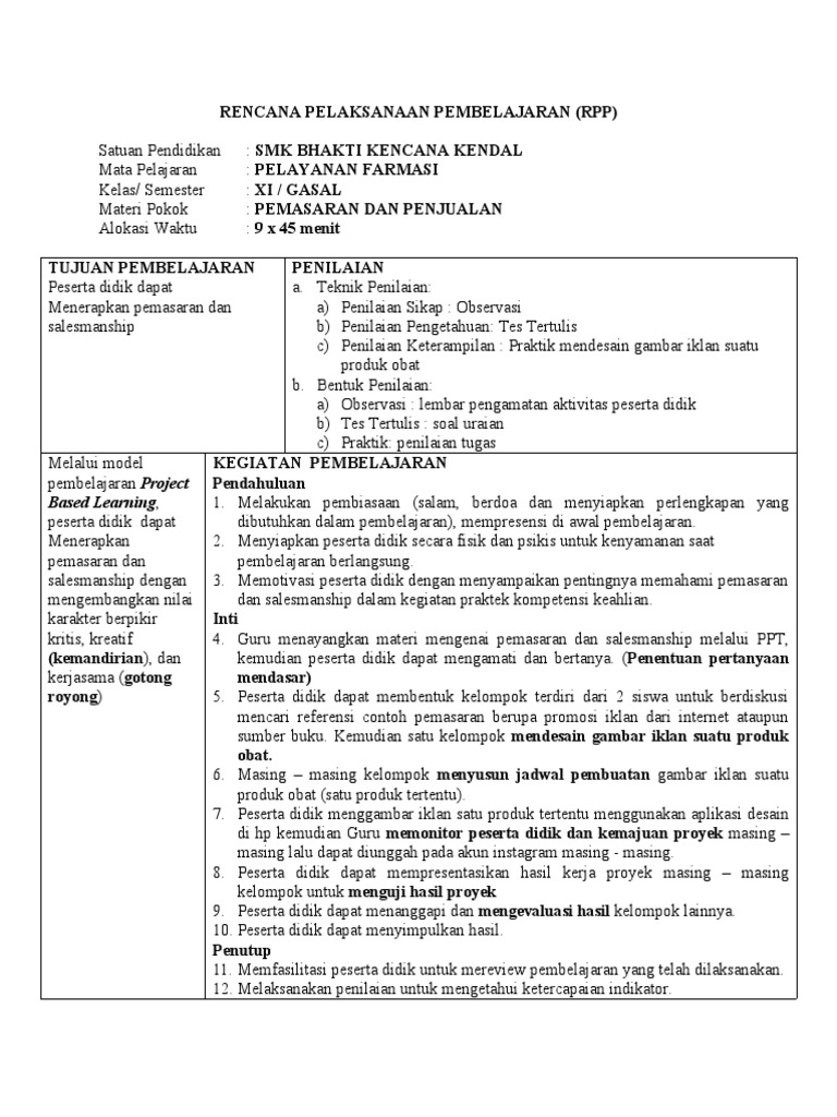 RPP Pemasaran Farmasi SMK Kelas XI | PDF
