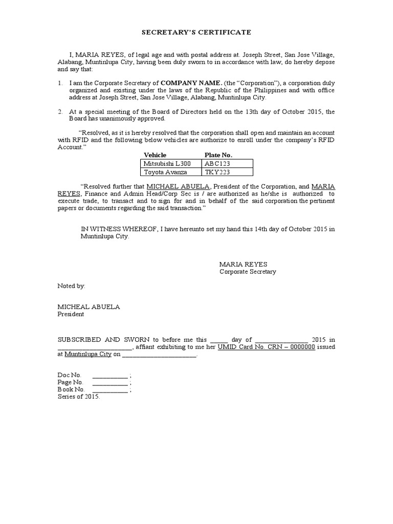 Secretary Certificate for Vehicle Ownership | PDF | Business | Law