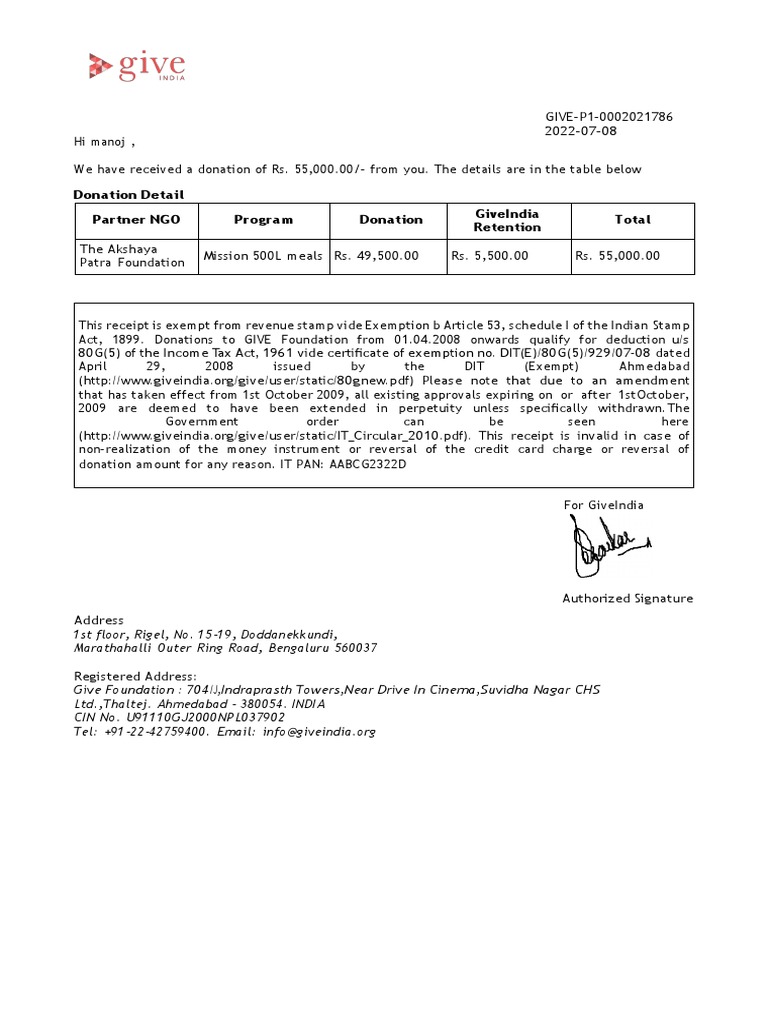 80G Donation Receipt for Akshaya Patra | PDF | Finance & Money Management