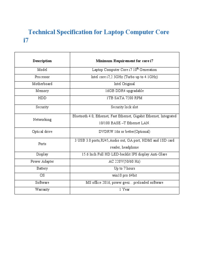 Core i7 10th Gen Laptop Tech Spec | PDF