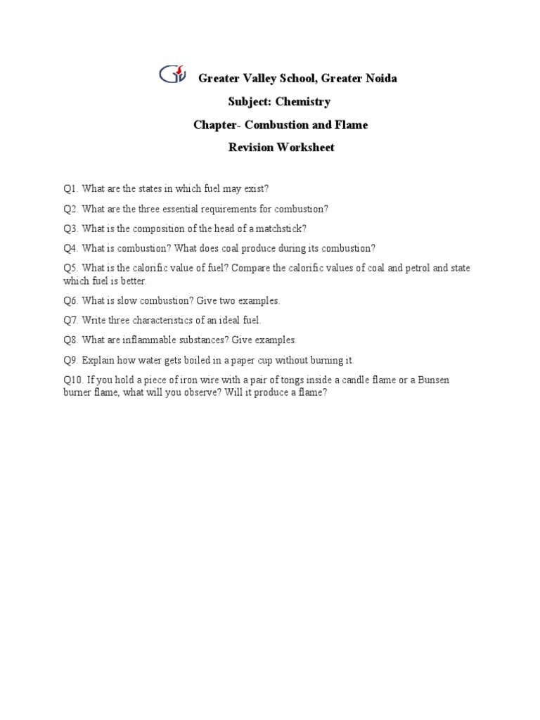 Class 8 Combustion and Flame Worksheet PDF