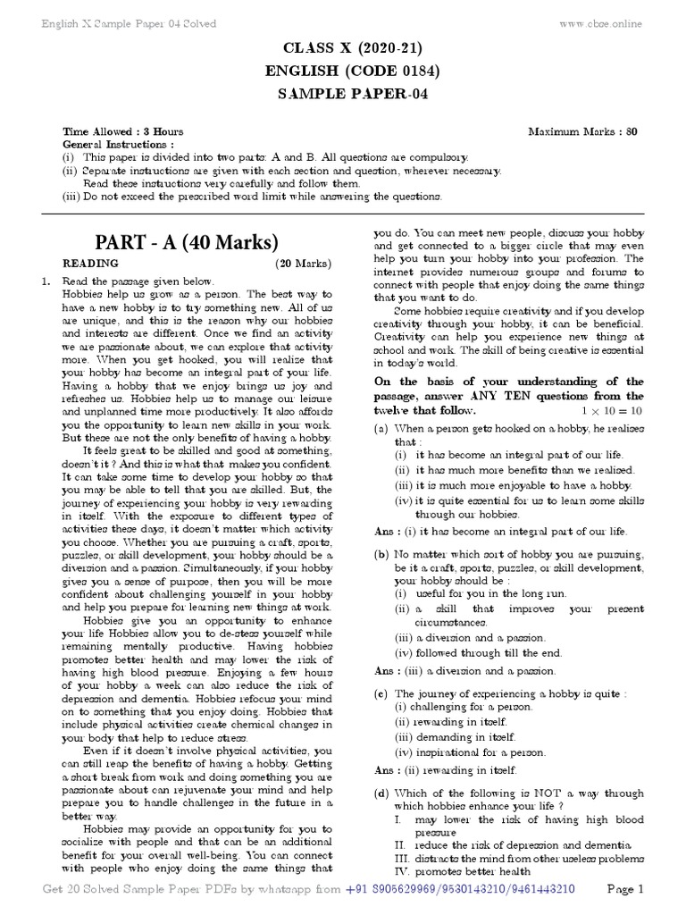 English Class X Sample Paper 04 | PDF | Pollution
