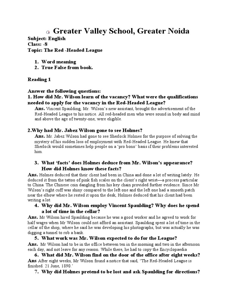 The Red Headed League Meaning In Hindi Pdf