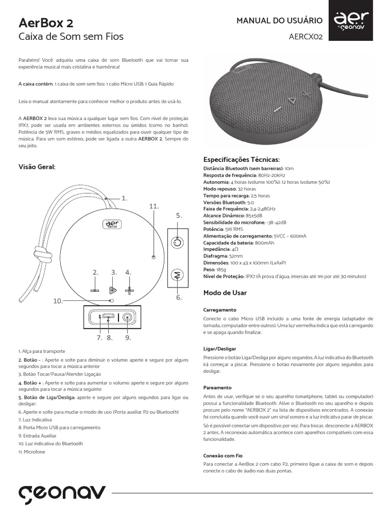 Manual do Usuário da AerBox 2 | PDF | Bluetooth | Sem fio