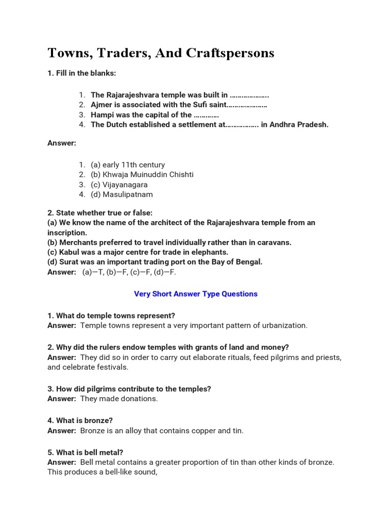 Questions and Answers Towns and Traders PDF Bronze