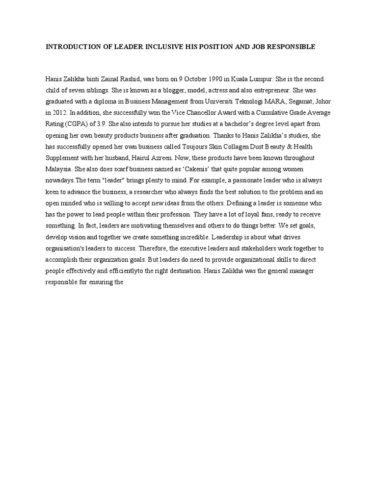 Introduction of Leader Inclusive His Position and Job Responsible | PDF