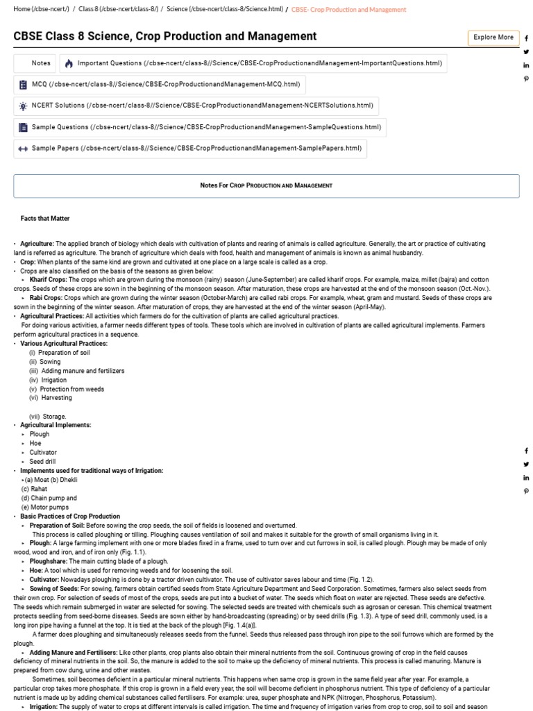 CBSE Class 8 Science, Crop Production and Management Notes For C P M