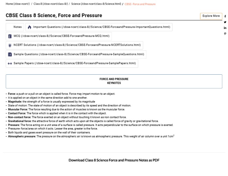 Class 8 Force and Pressure Notes PDF | PDF | Pressure | Force