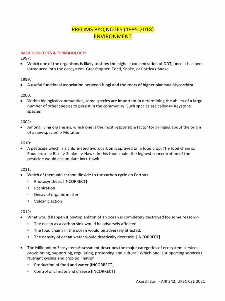 PYQ Notes - Environment - Prelims | PDF