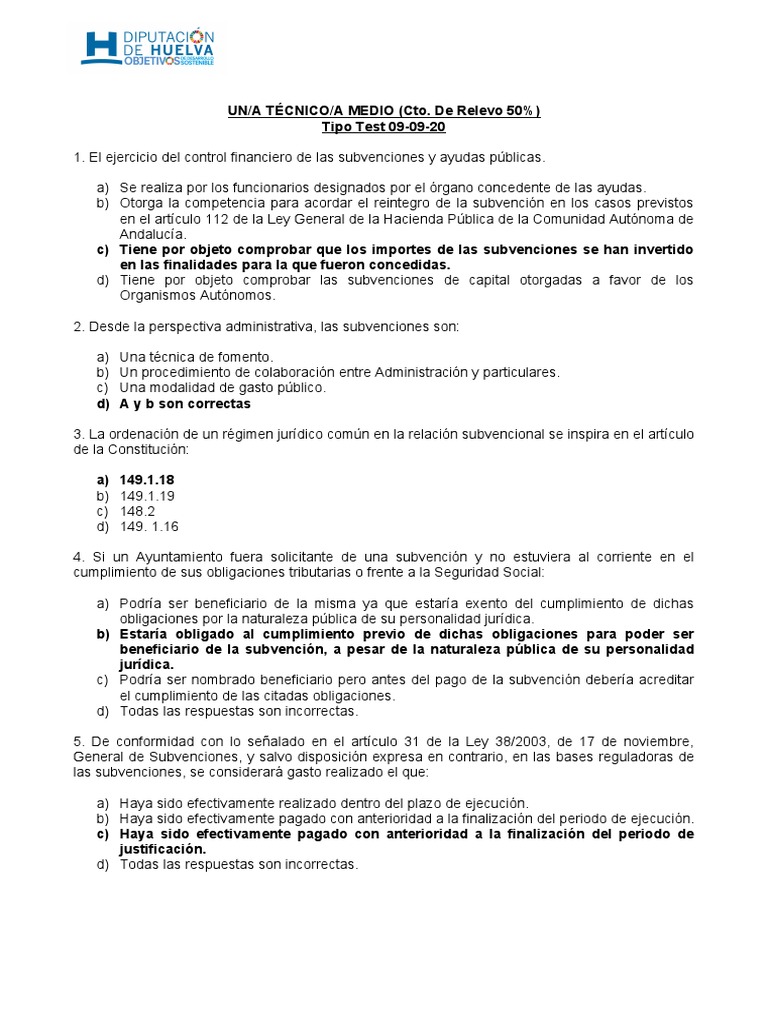 Test Ley General de Subvenciones | PDF | Otorgar dinero) | Presupuesto