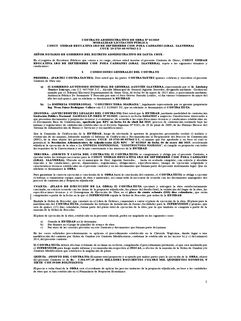 1 Contrato Obra #02-2019 Conts. 1ro Septi Poza | PDF | Multa (pena ...