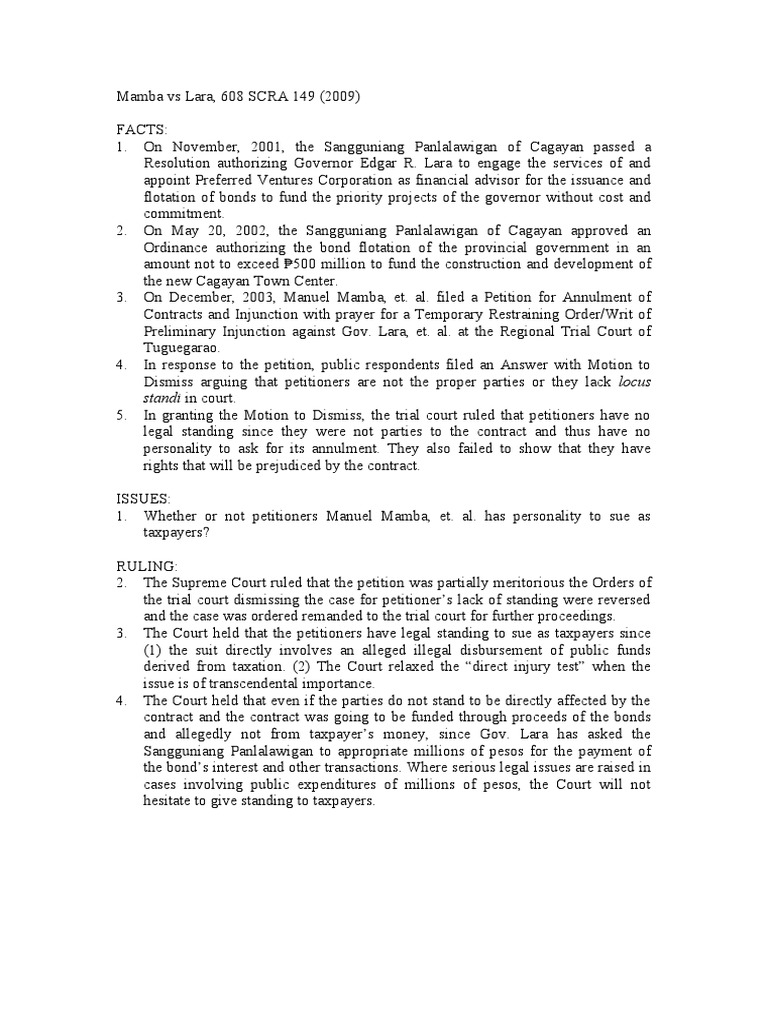 Mamba vs Lara: Taxpayer Standing Case | PDF | Standing (Law) | Public Law