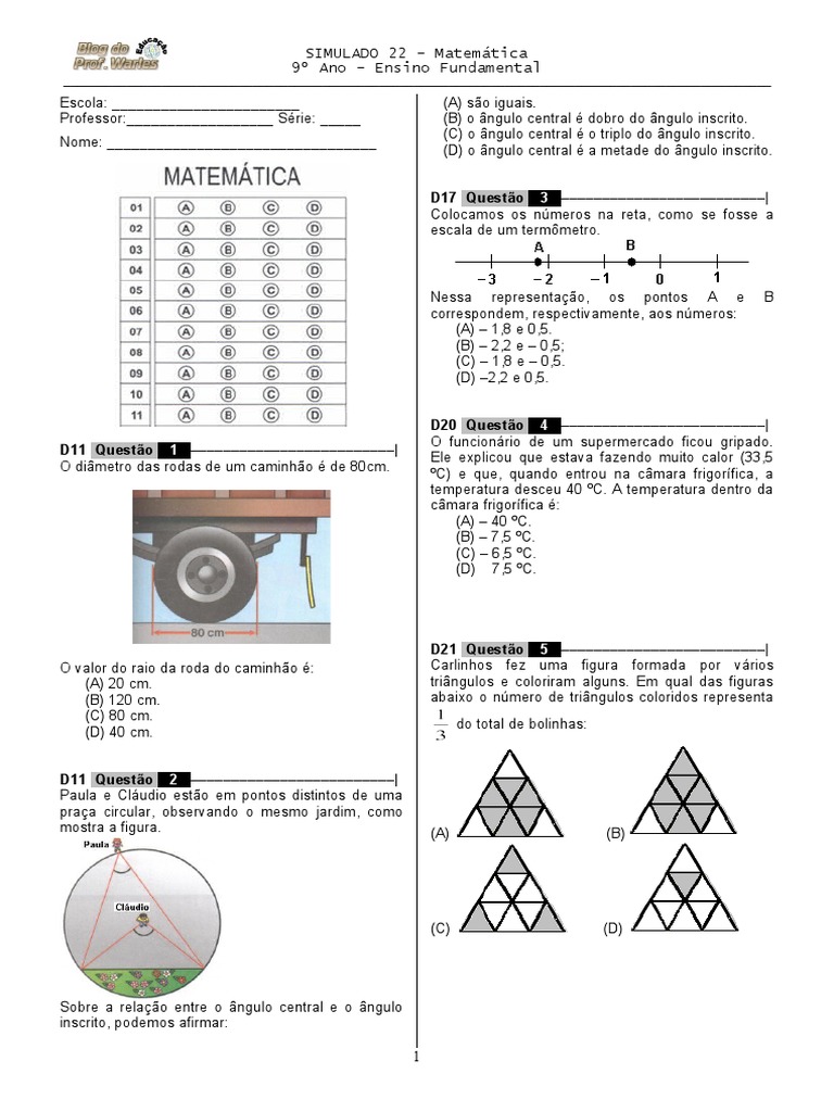 Simulado 22 Mat 9º Ano Blog Do Prof Warles Pdf Métodos E