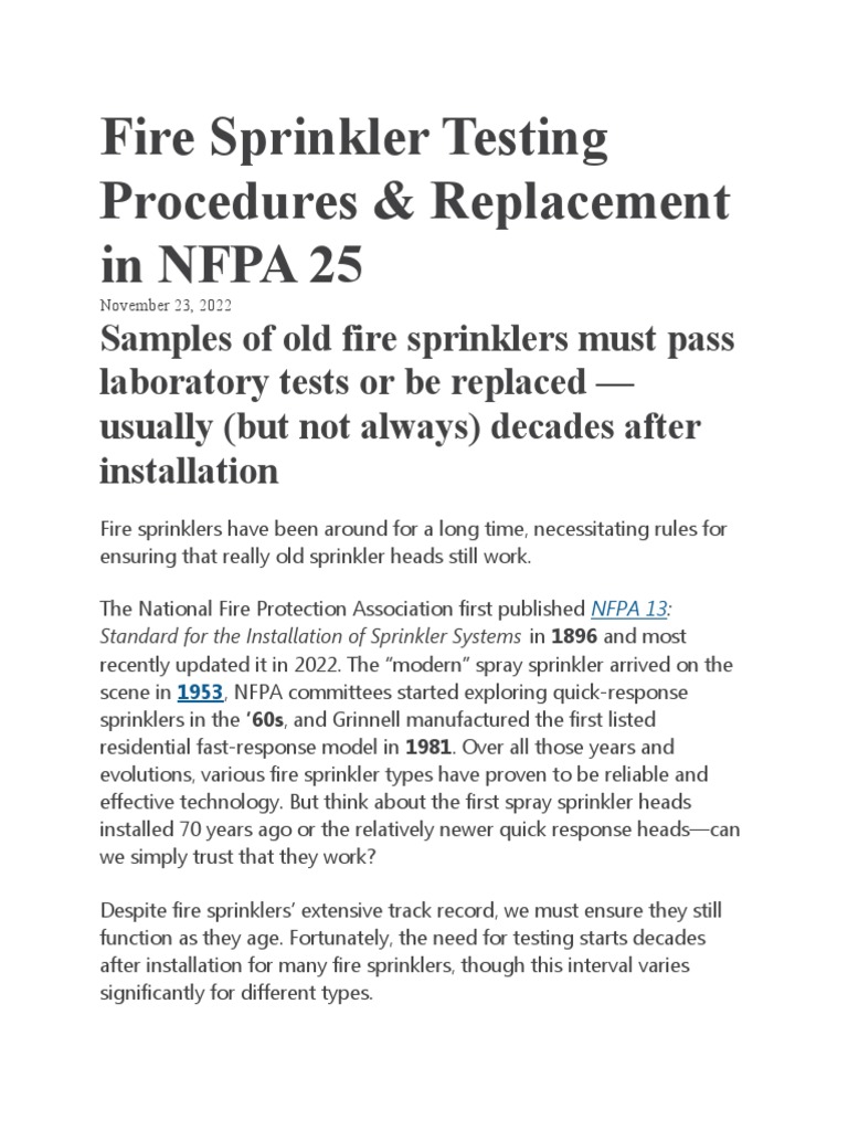NFPA 25 Fire Sprinkler Testing Guide | PDF | Fire Sprinkler System ...