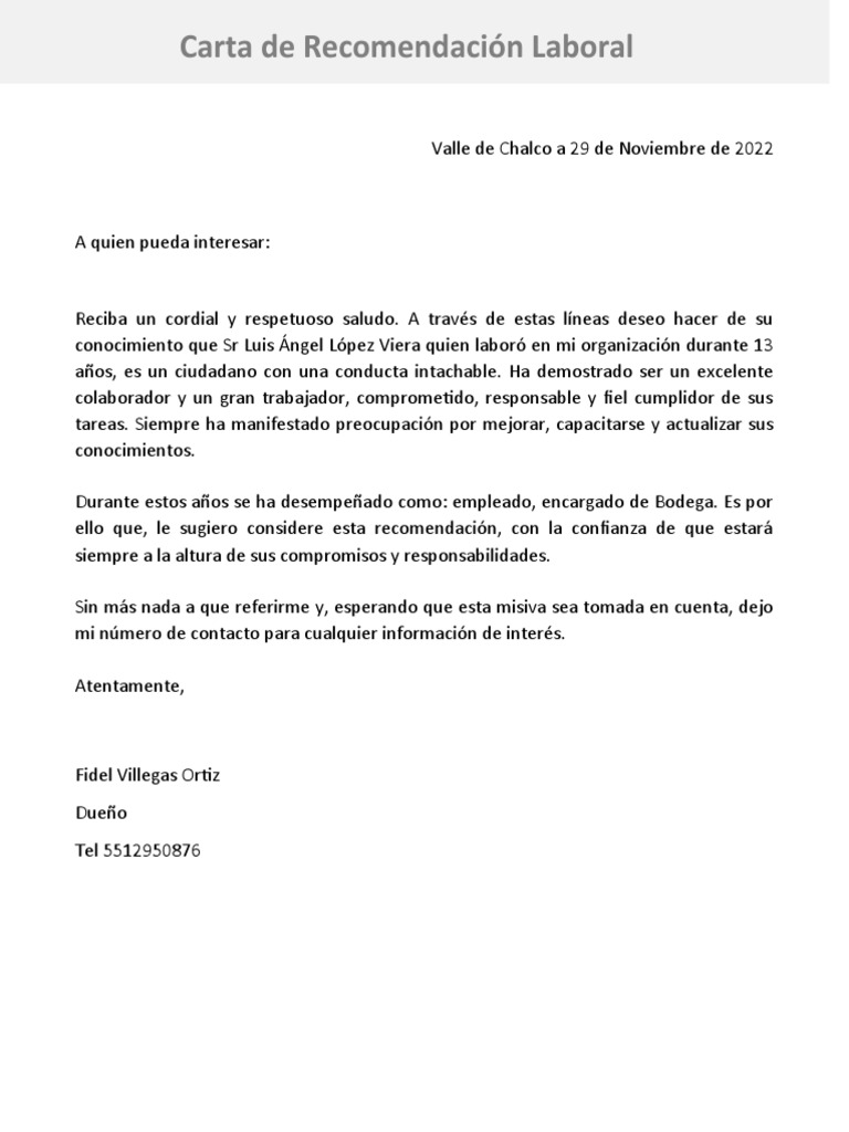 Carta de Recomendación Laboral | PDF | Crecimiento personal y ...