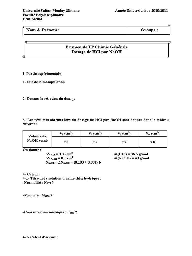 Dosage de HCl par NaOH en TP | PDF | Sciences et mathématiques