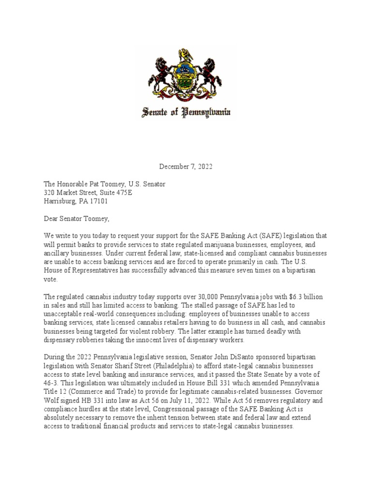 SAFE Banking Act Toomey PDF Pennsylvania Banks