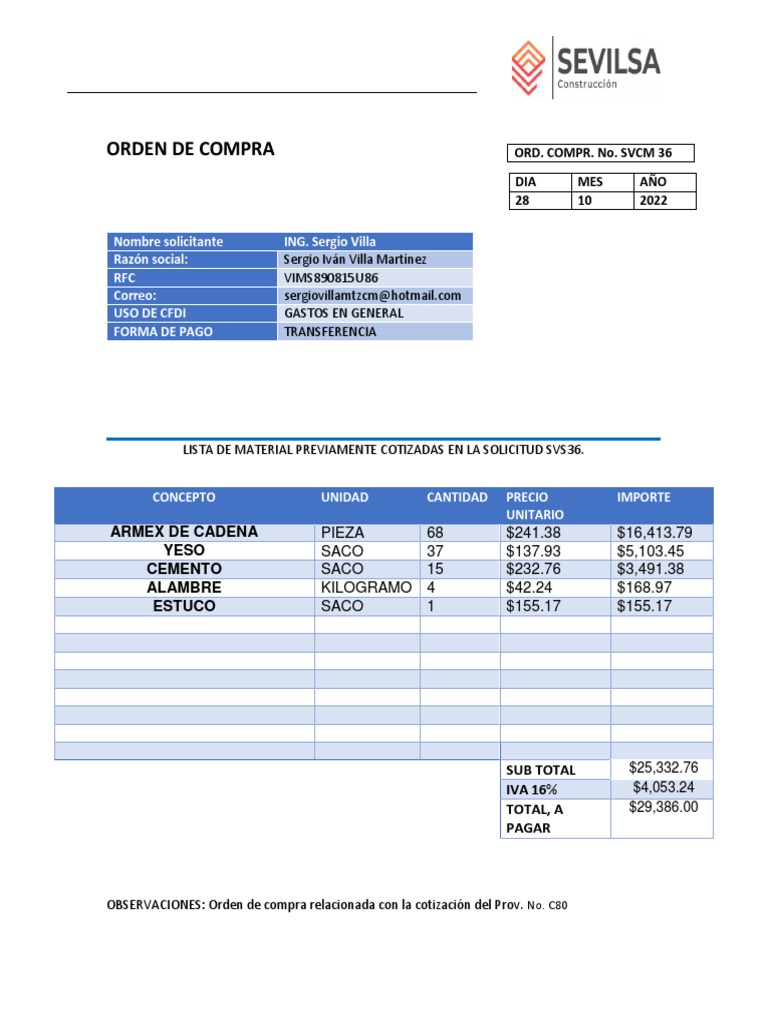 Orden de compra para materiales de construcción que incluye armex de ...