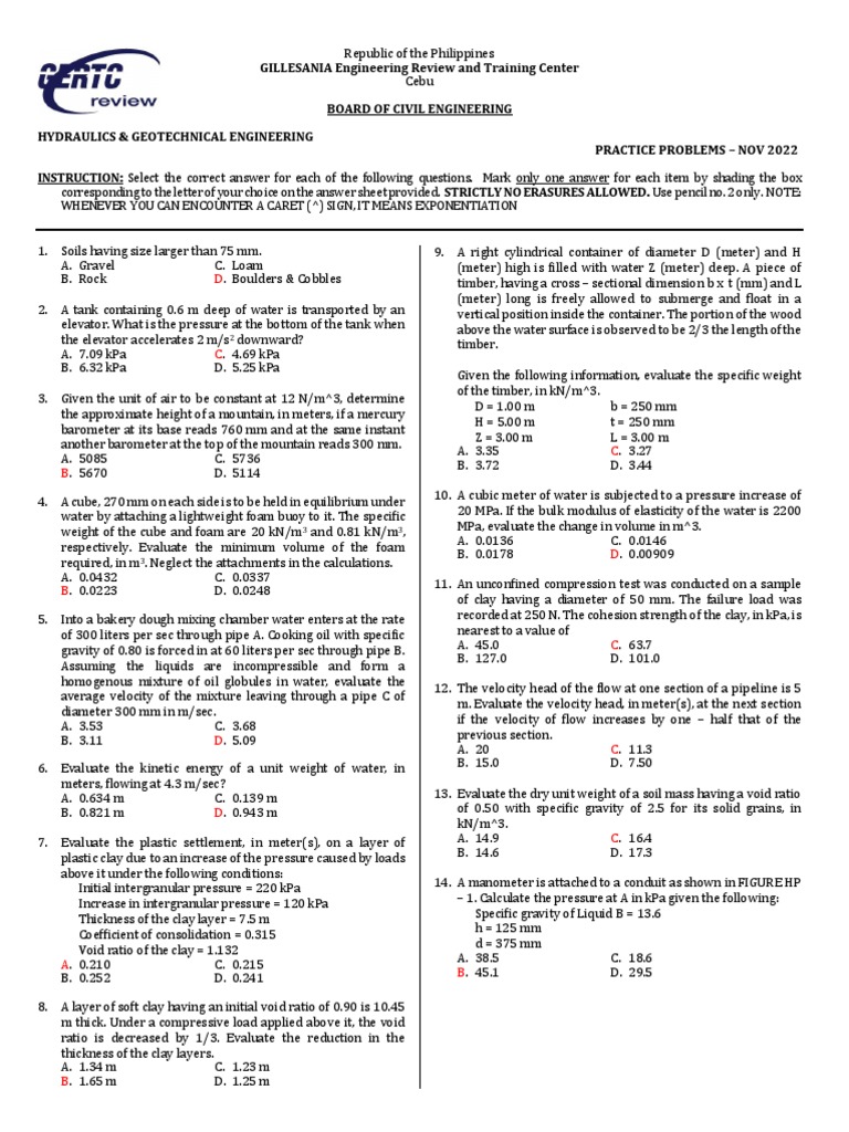 Civil Engineering Practice Problems 2022 | PDF | Pressure | Earth Sciences