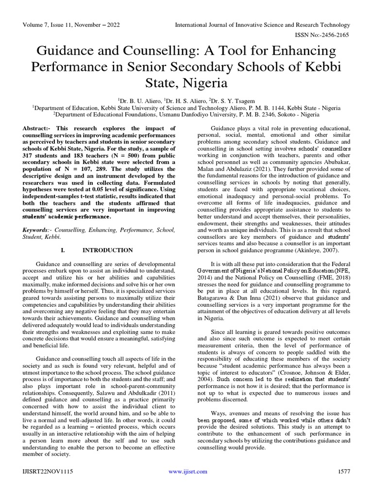 Guidance and Counselling A Tool For Enhancing Performance in Senior ...