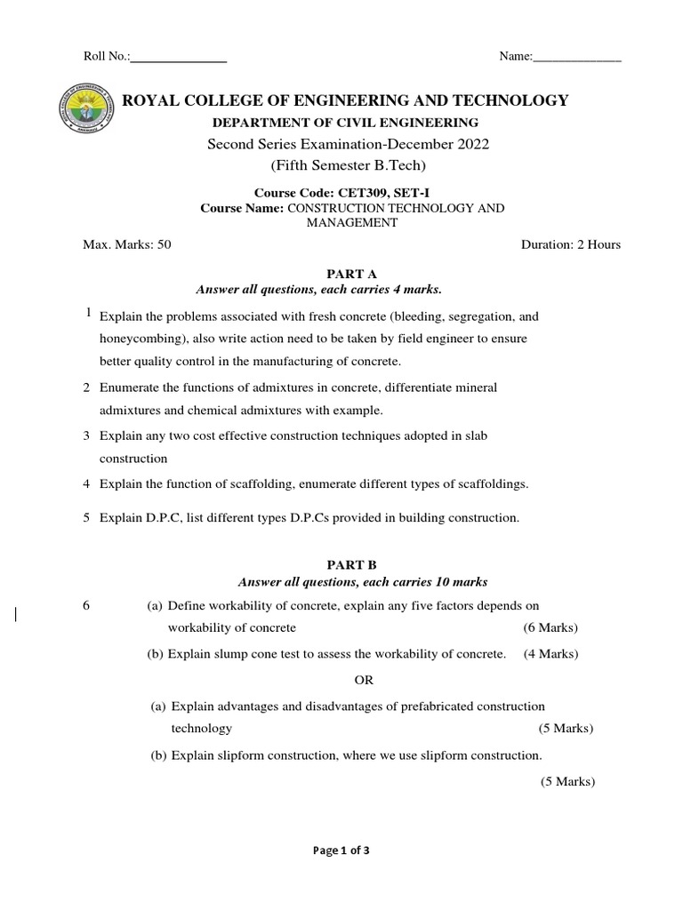 Construction Technology and Management Exam Questions Covering
