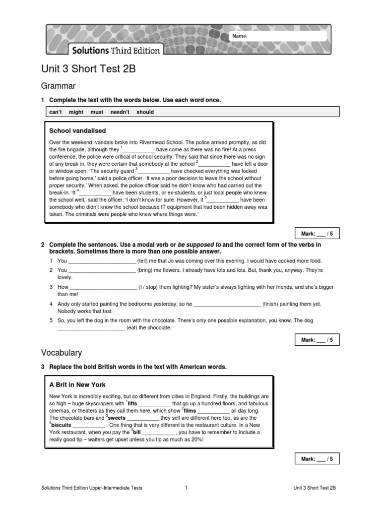 Unit 3 Short Test 2B: Grammar, PDF, Morphology