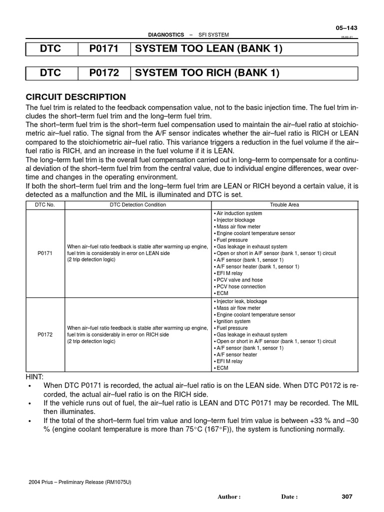 DTC P0171 System Too Lean (Bank 1) DTC P0172 System Too Rich (Bank 1