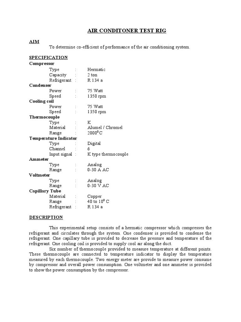 Air Conditioning Test Rig Performance | PDF | Thermocouple | Air ...