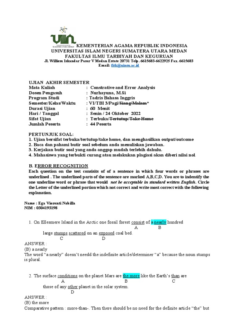 Error Analysis Exam for English Tadris | PDF | Adjective | Cognitive ...