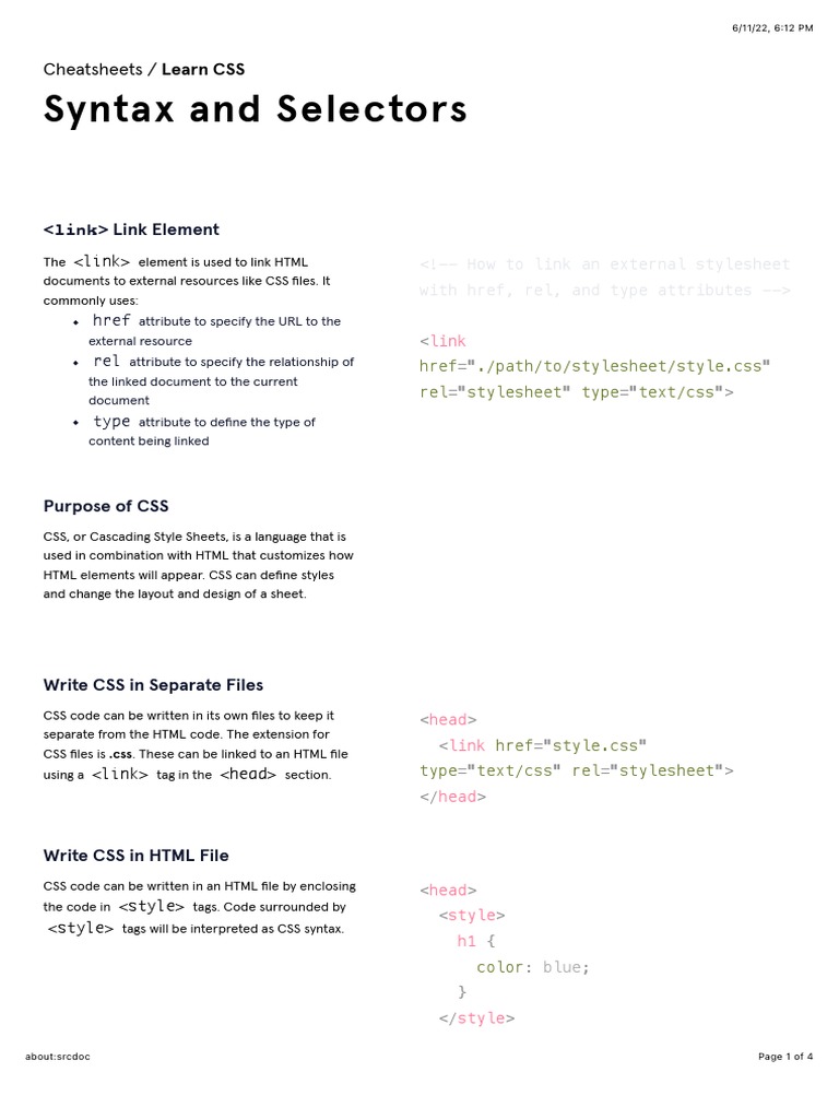 Syntax and Selectors: Link Element | PDF | Html Element | Html