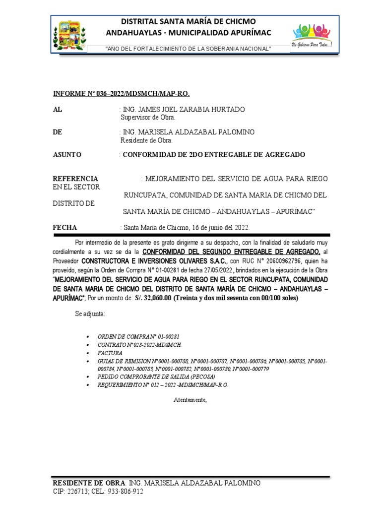 Conformidad Segundo Entregable Agua Riego | PDF | Negocios | Finanzas y ...