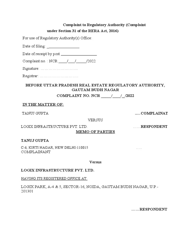 RERA Complaint Against Logix Infrastructure | PDF | Public Law | Government