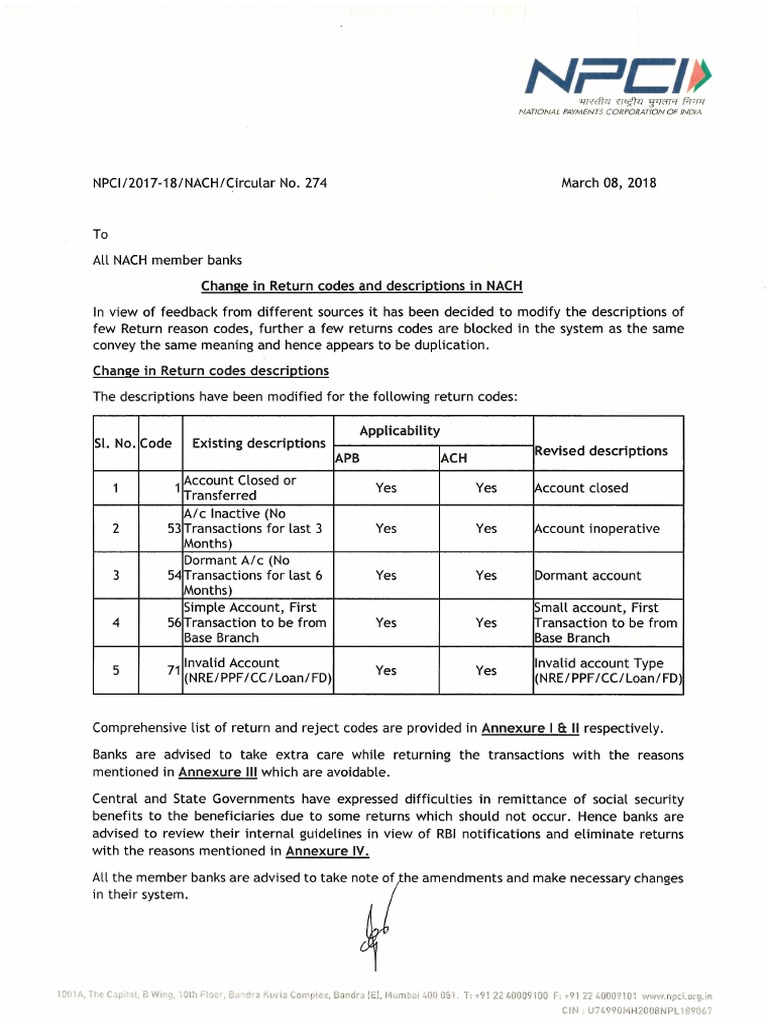 Circular No. 274 - Change in Return Codes and Descriptions in NACH | PDF