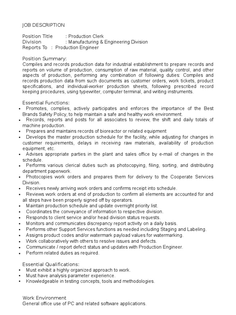 JD Production Clerk Specification (Technical Standard) Technology