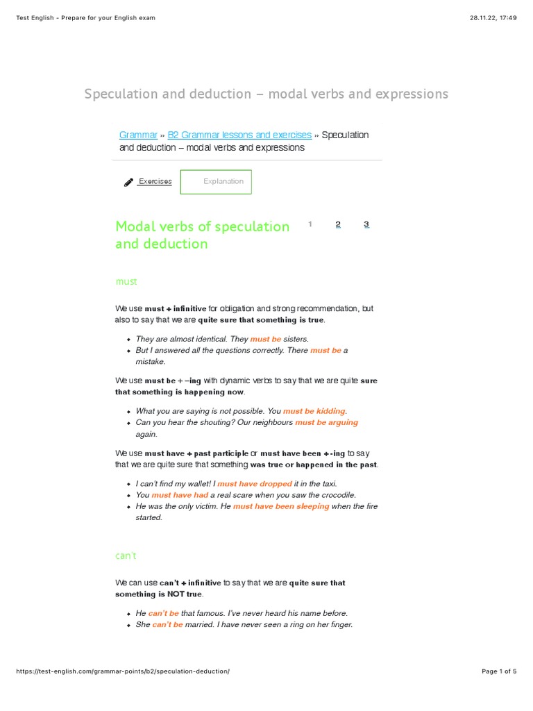 Modal Verbs of Speculation and Deduction PDF Verb English Language