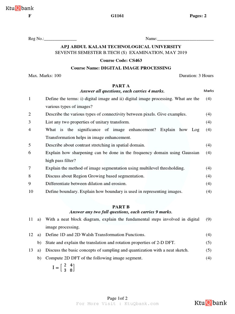 KTU Digital Image Processing Exam 2019 | PDF | Digital Signal ...