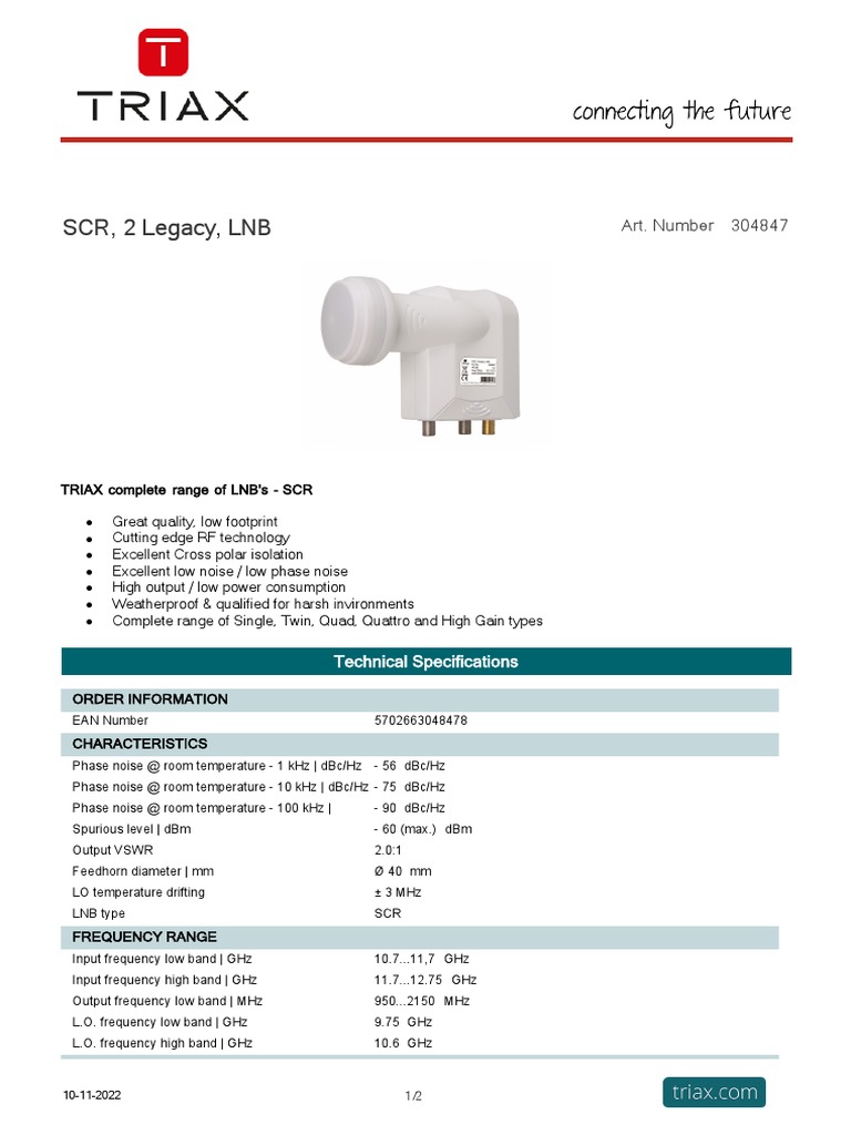 TRIAX SCR LNB Technical Specifications | PDF | Decibel | Radio Technology