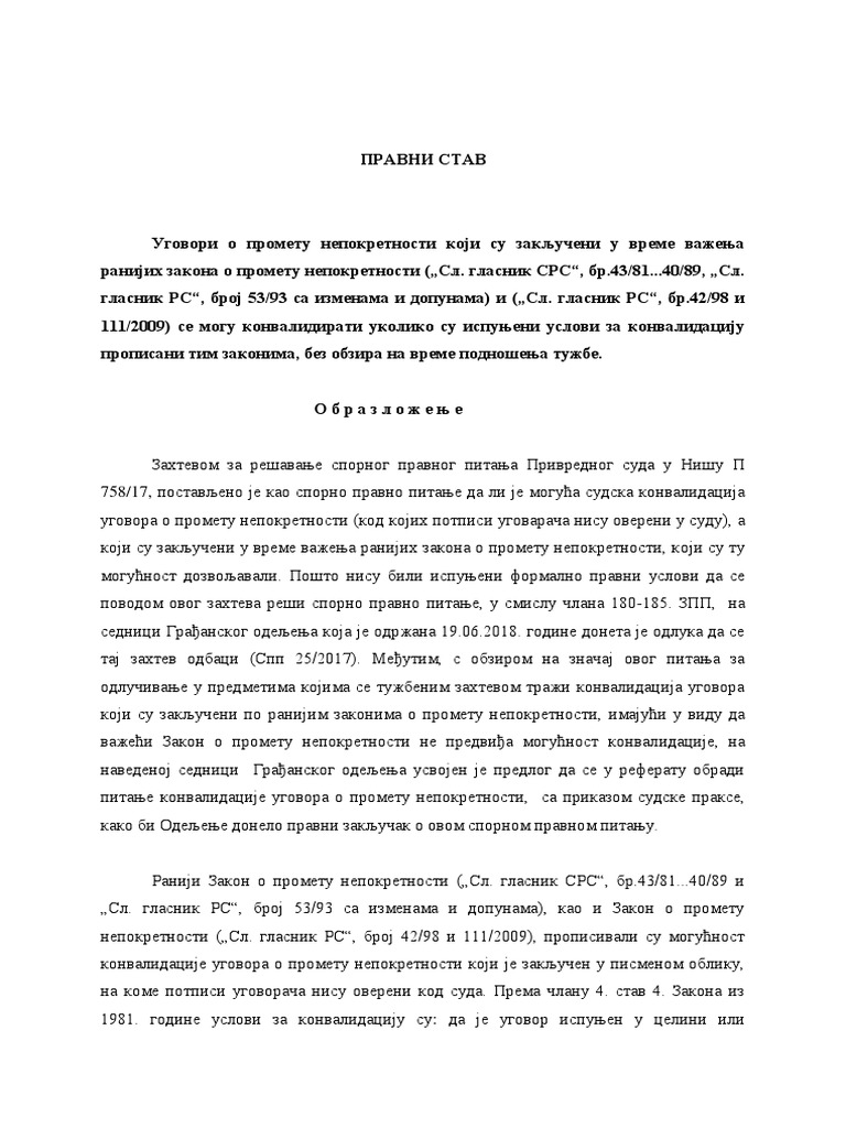 Pravni Stav - Konvalidacija Ugovora o Prometu Nepokretnosti - Vesna ...