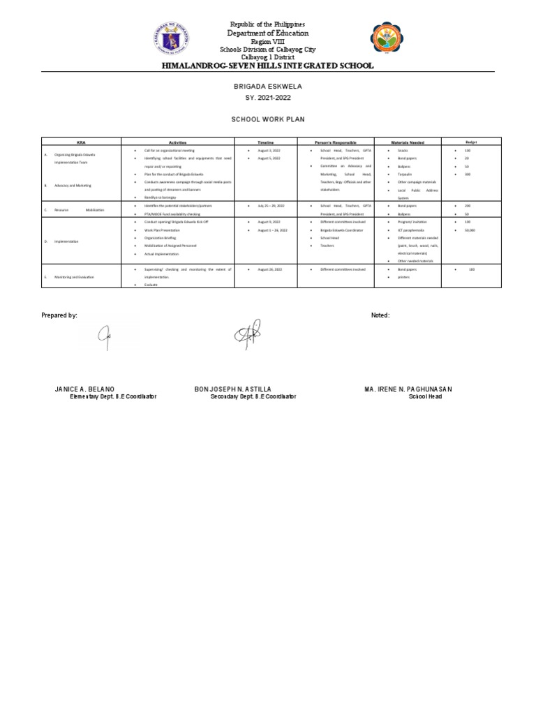 Brigada Eskwela Work Plan 2023