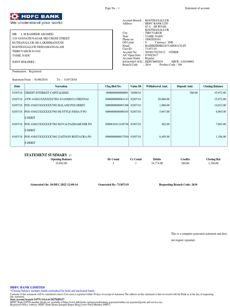 Statement Summary:-: Date Narration Chq./Ref - No. Value DT Withdrawal ...