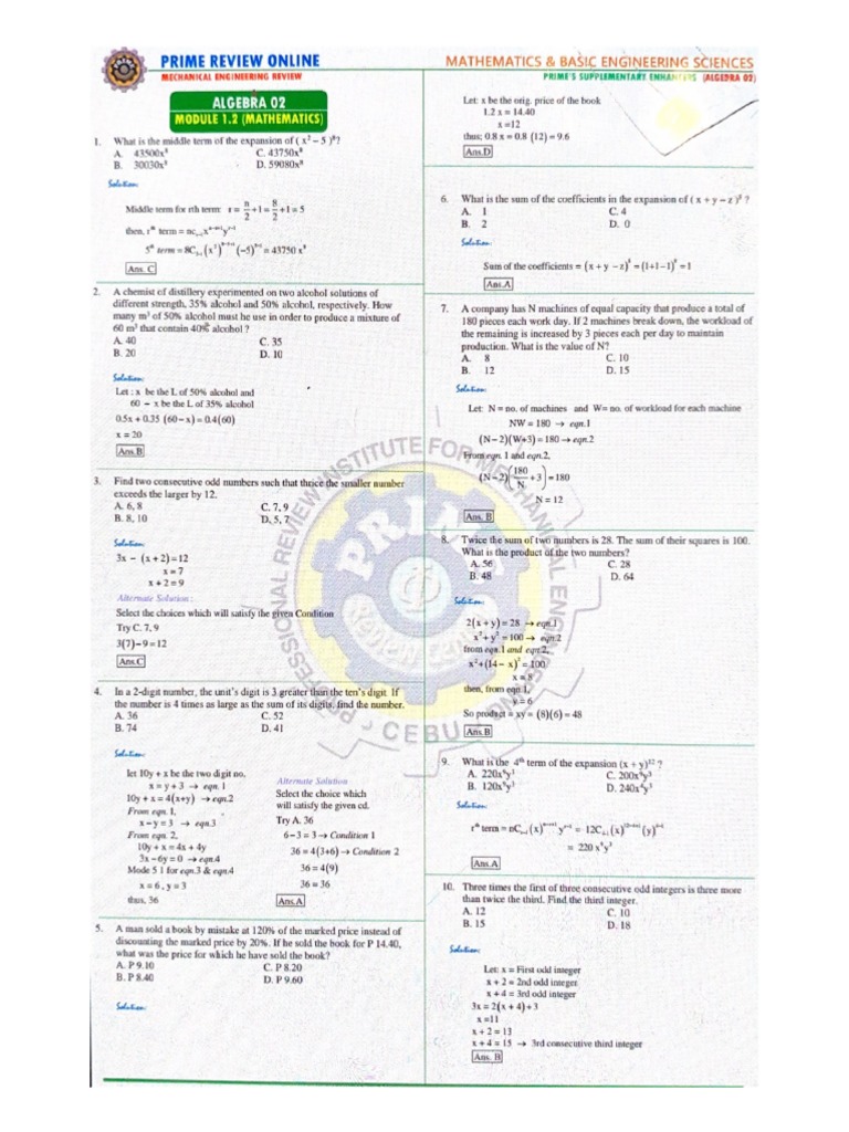 1.2 Algebra 02 Solutions | PDF