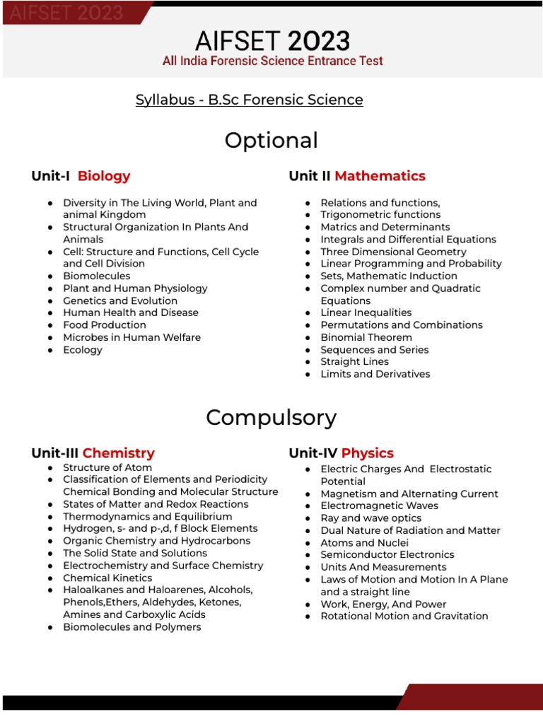 AIFSET 2025 Forensic Science Syllabus | PDF | Chemistry | Physical Sciences